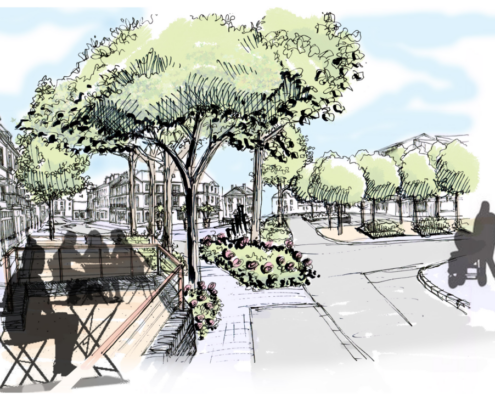 Perspective des terrasses dominant la place