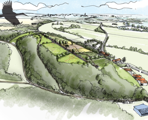 Vue aérienne du projet et de son insertion dans le paysage de la vallée de la Vendée