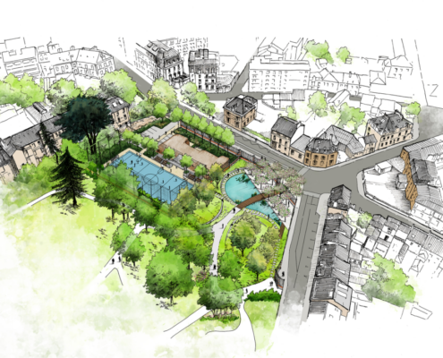 Axonométrie d’un scénario d’aménagement du parc