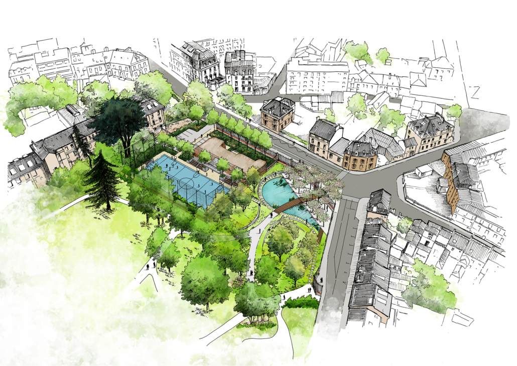 Axonométrie d’un scénario d’aménagement du parc
